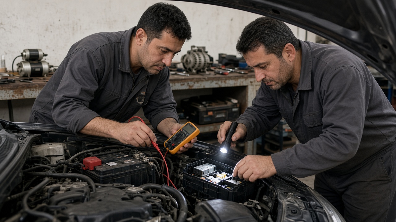 Kıvılcım Oto Elektrik ustaları kaputu açık bir araçta ölçü alırken