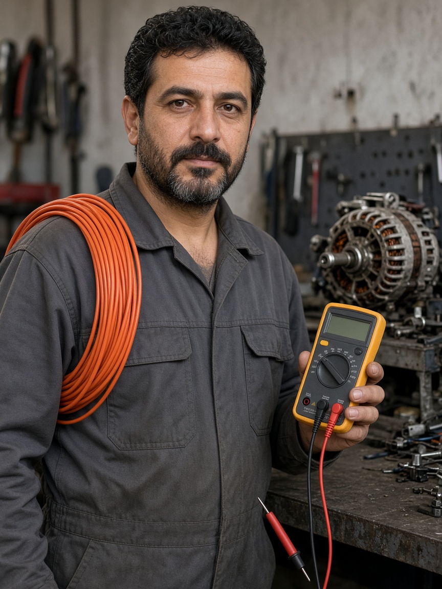 Kıvılcım Oto Elektrik ustası elinde ölçü aletiyle